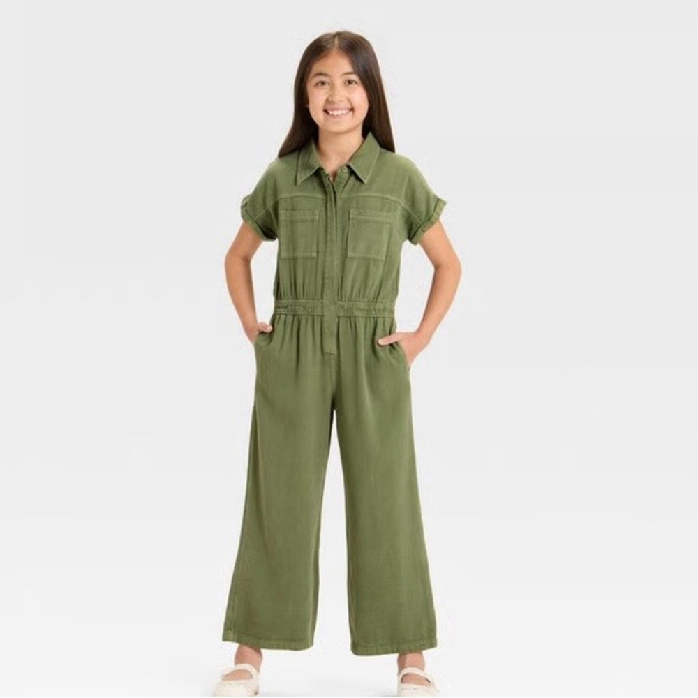 NWT Cat & Jack Girls Short Sleeve Jumpsuit- Dark Olive (M) - Picture 3 of 9